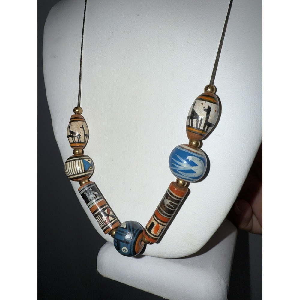 Vintage Western Navajo Hand-Painted Beaded Necklace On A Silver Tone Chain 22"